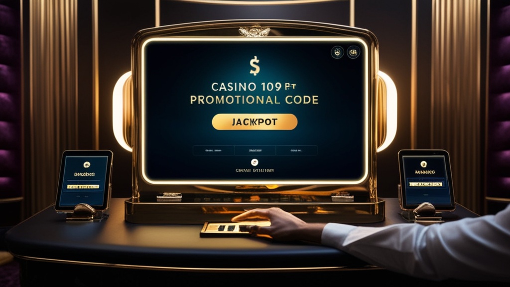 Ecrã de código promocional num ambiente de casino escuro e elegante