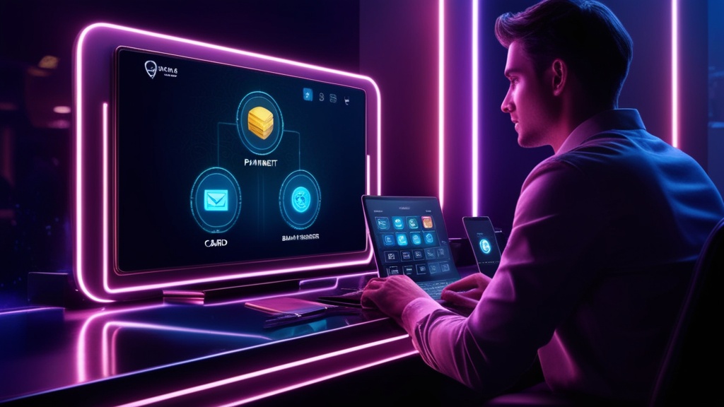 Ecrã com métodos de pagamento e ambiente de casino escuro